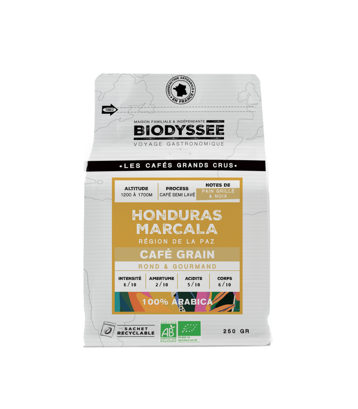 Café de spécialité Biodyssée Grand Cru Honduras Marcala 250g – café en grains bio aux notes de miel, noisette et fruits rouges, torréfié artisanalement.